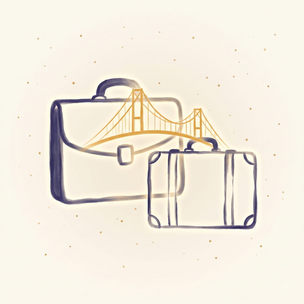 Illustration einer Aktentasche und eines Koffers, verbunden durch eine goldene Brücke — Symbolbild für Arbeiten zwischen zwei Ländern und die BH-1-Bescheinigung