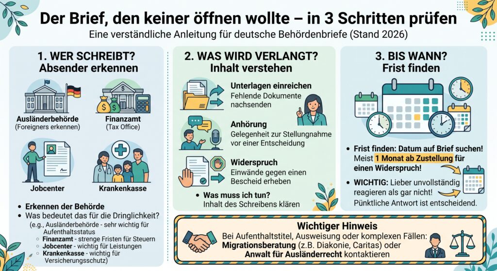 Checkliste: Behördenbrief in drei Schritten prüfen – Absender erkennen, Inhalt verstehen, Frist finden