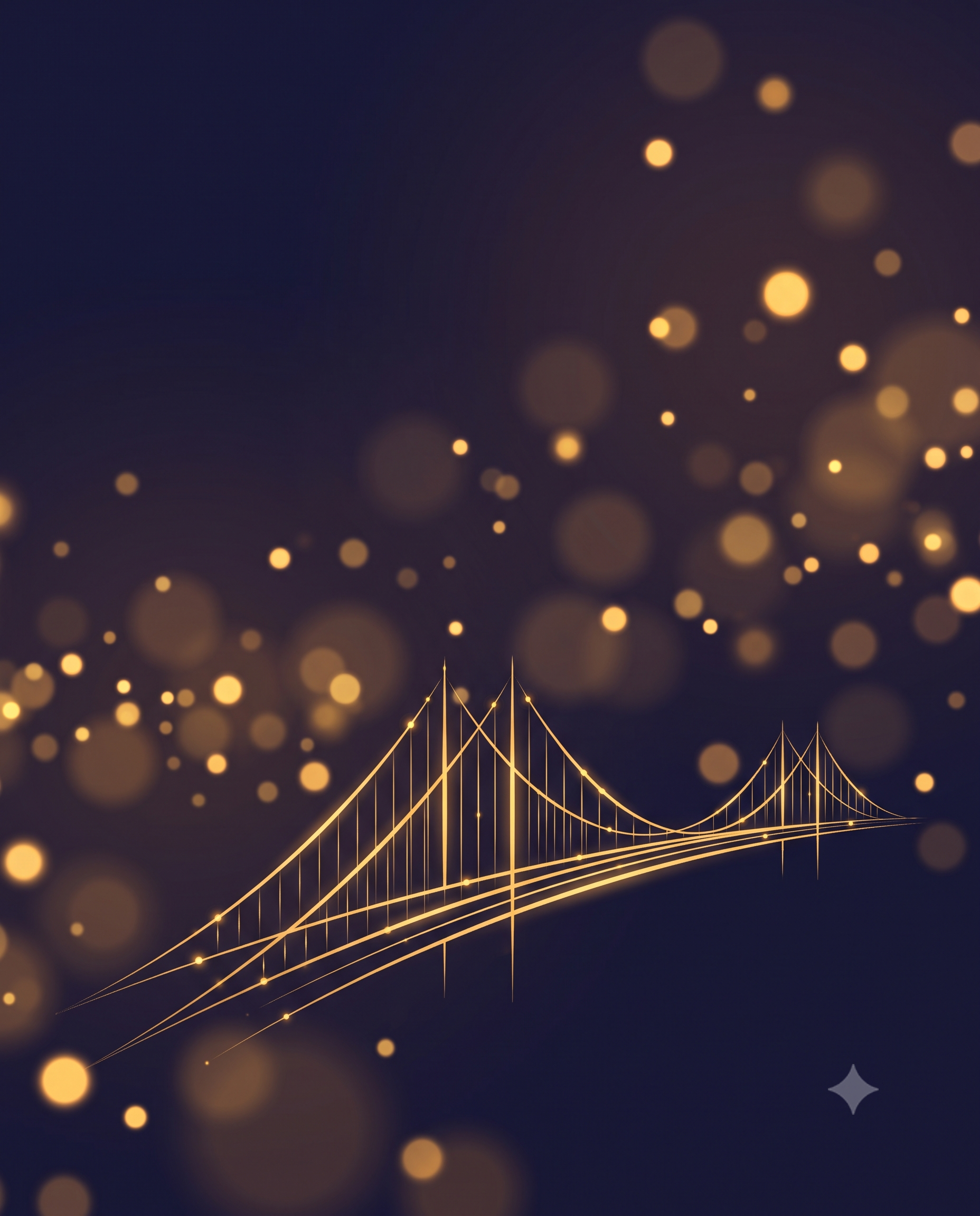 Stilisierte, golden leuchtende Hängebrücke bei Nacht vor dunklem Hintergrund nmit Lichtpunkten