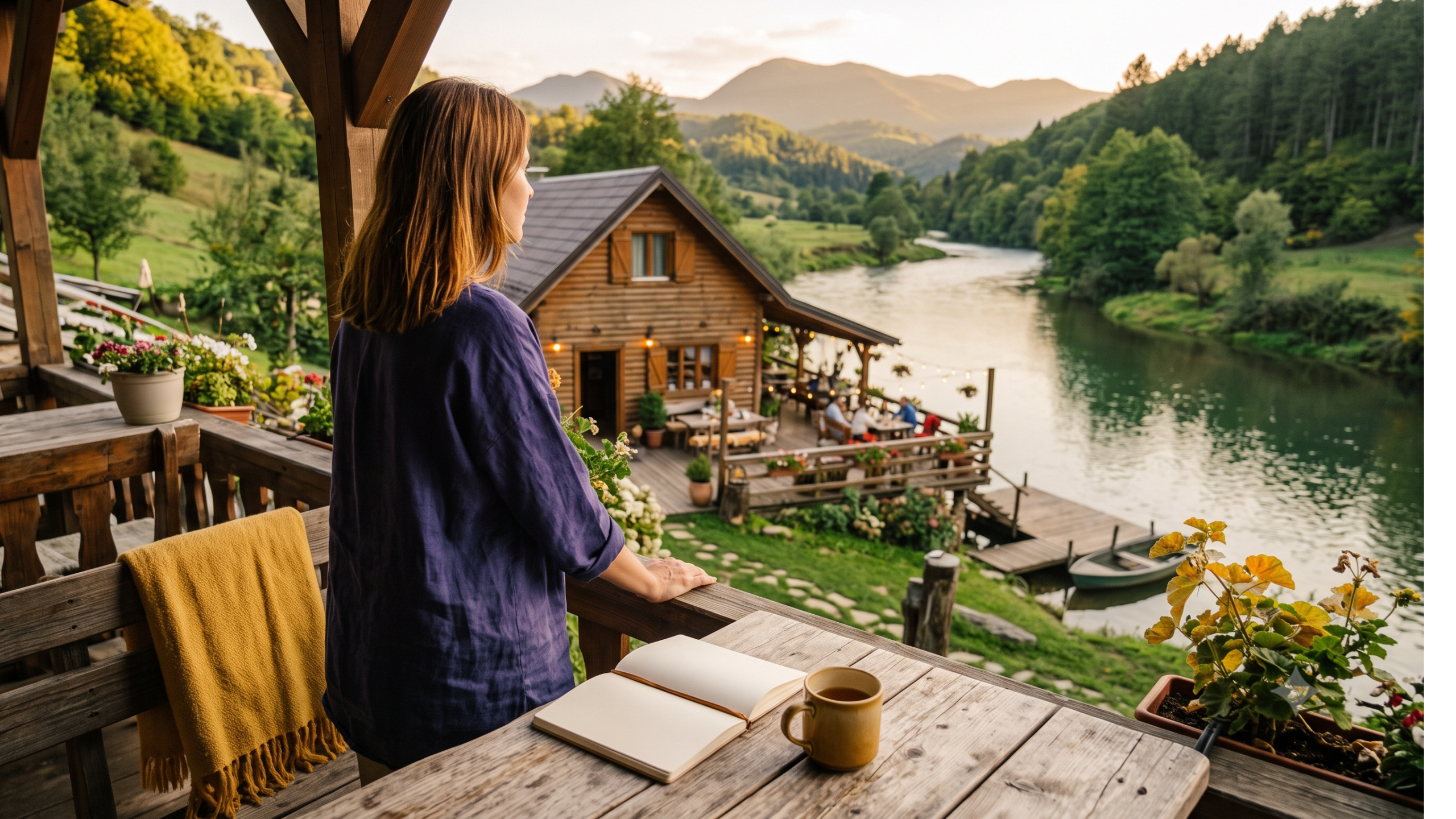 Frau blickt nachdenklich von der Terrasse einer Ferienunterkunft am Westbalkan auf den Fluss
