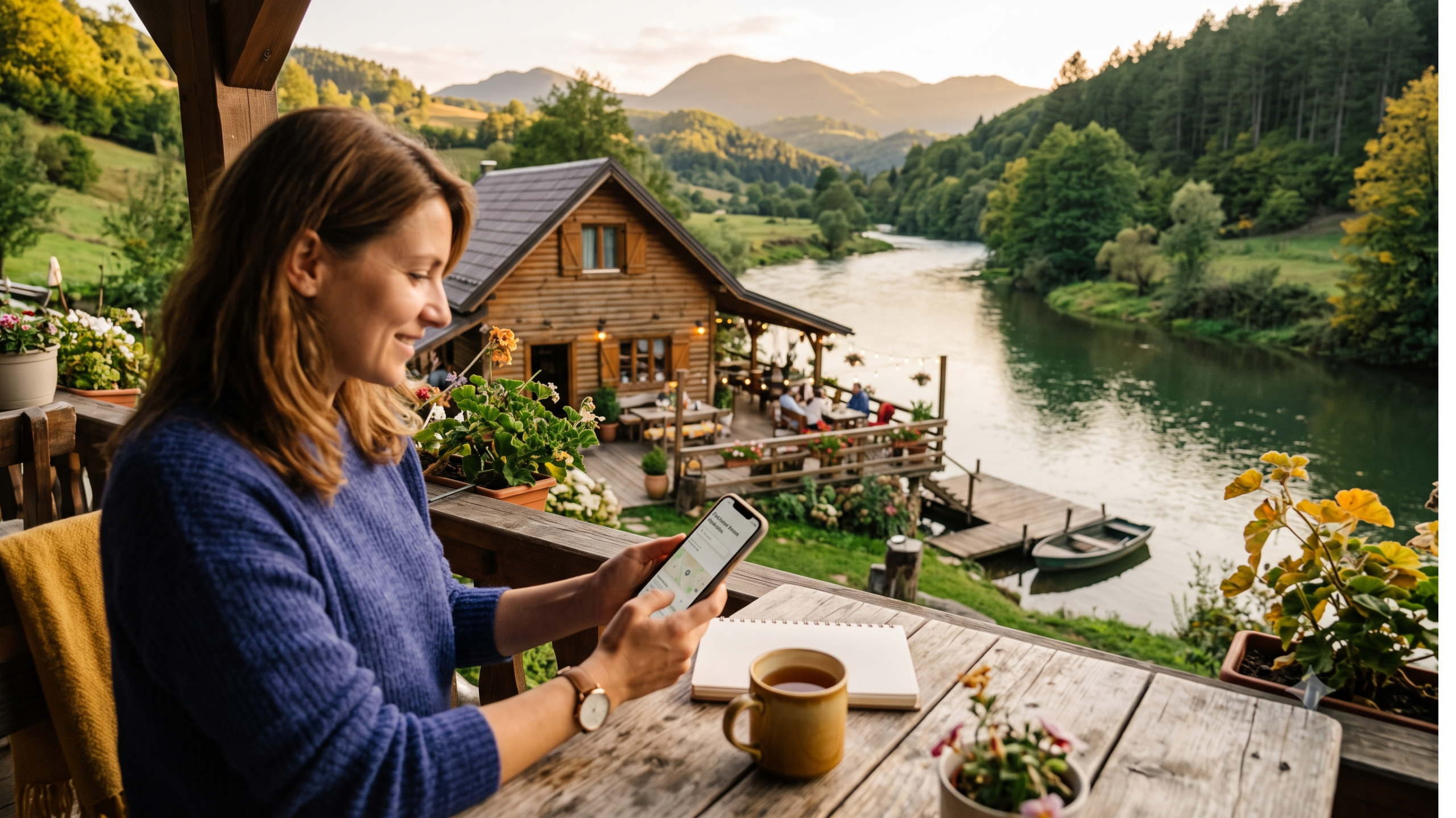 Frau nutzt KI-Assistenten auf dem Smartphone, um eine Unterkunft am Fluss in Bosnien zu finden
