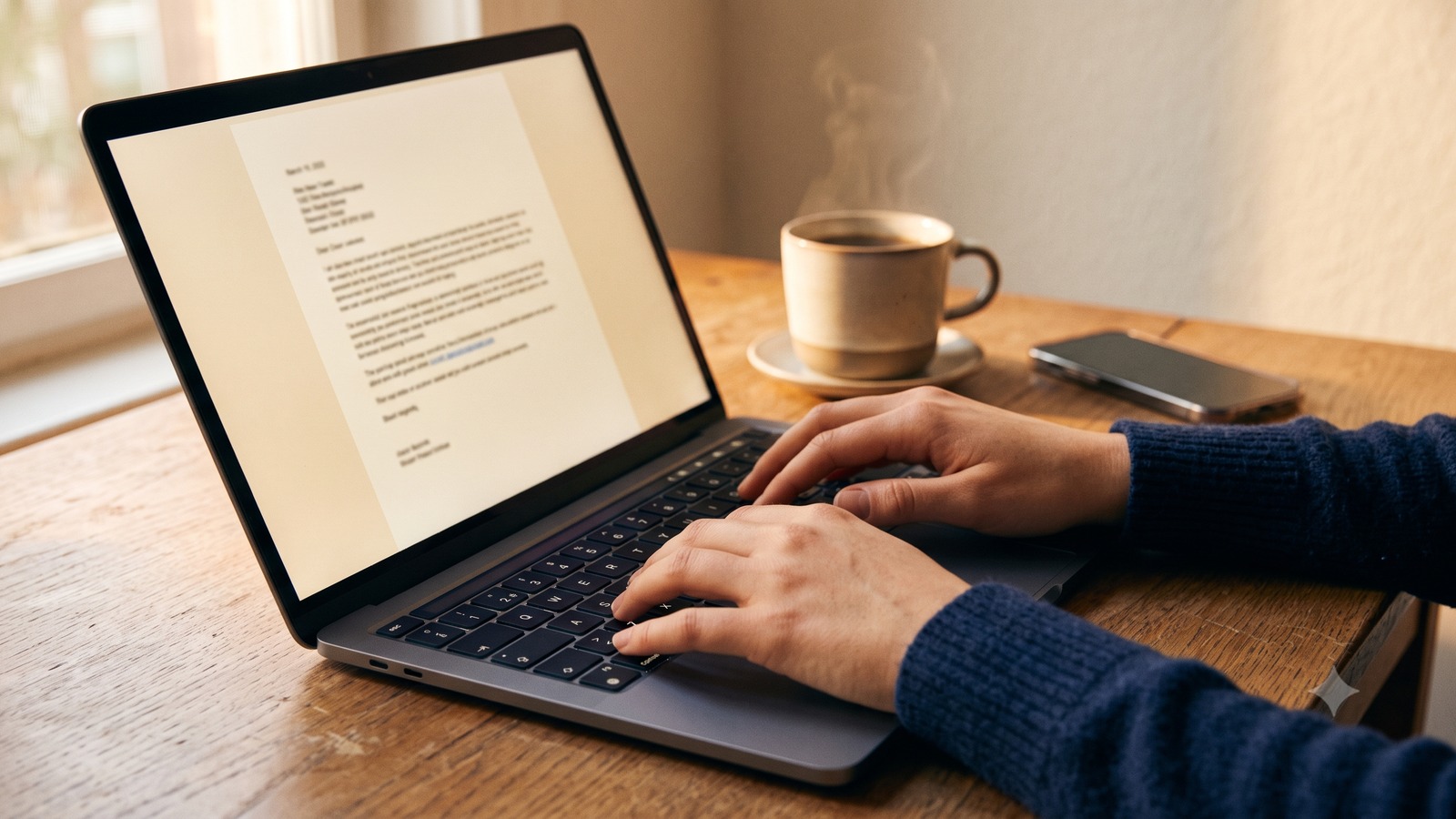 Hände tippen auf einem Laptop ein Anschreiben, daneben eine Tasse Kaffee und ein Smartphone auf einem Holztisch