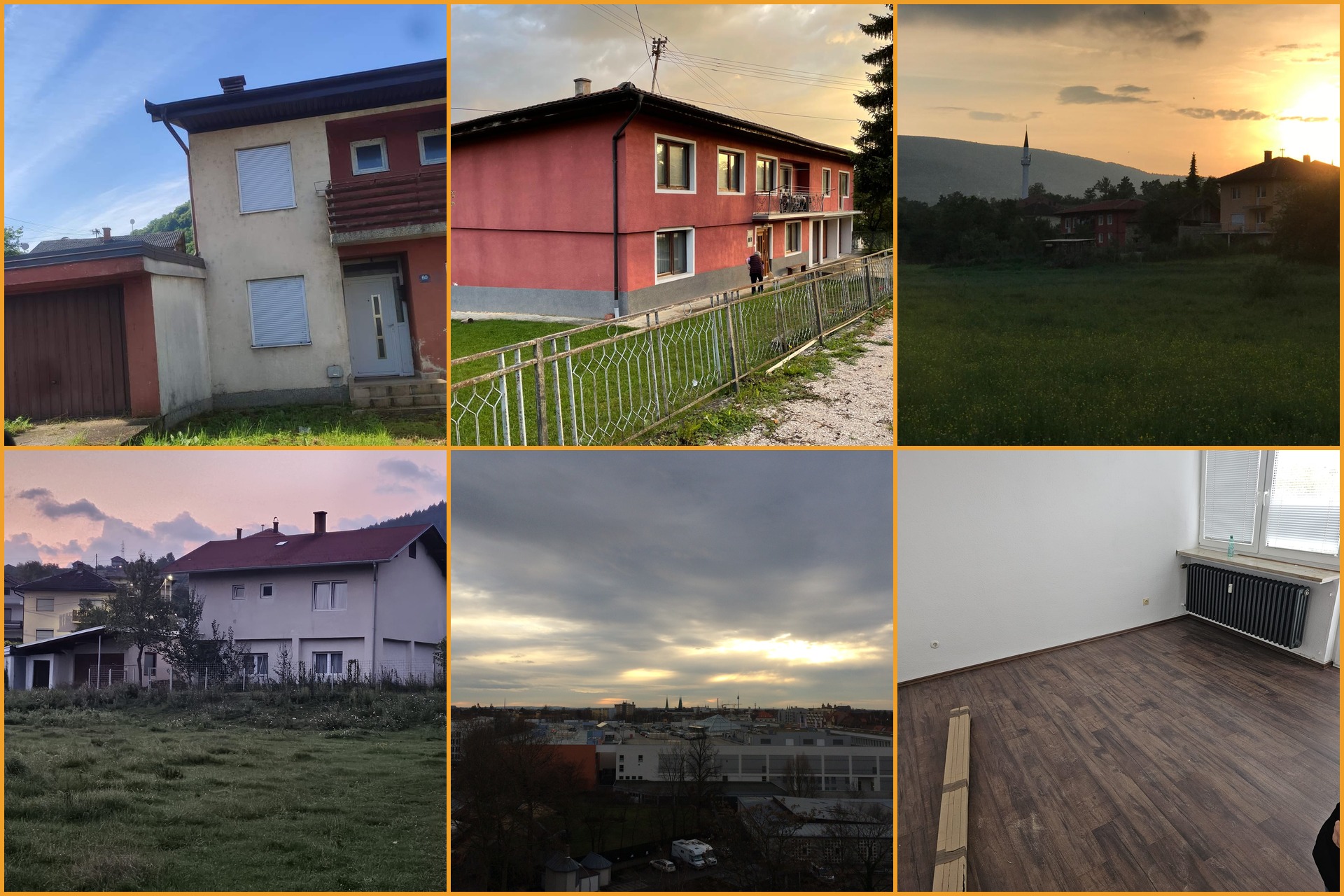 Bildcollage aus sechs Fotos: verwitterte und sanierte Häuser in Banja Luka und Šipovo,
Abendstimmung mit Minarett in Bosnien, Stadtansicht von Nürnberg und eine Wohnung
während der Sanierung