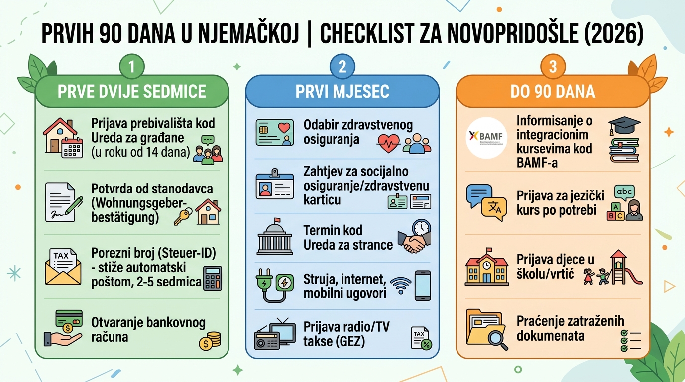 Kontrolna lista: Prvih 90 dana u Njemačkoj – prijava, zdravstveno osiguranje, integracija u tri perioda
